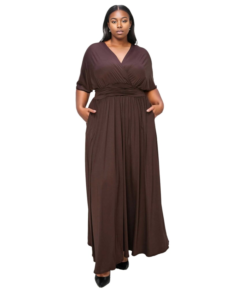 Front of a model wearing a size 2X Raffi Pocket Empire Waist Maxi Dress in Brown by L I V D. | dia_product_style_image_id:375460